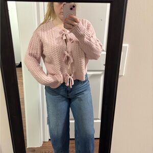 Pink Knit Bow Cardigan